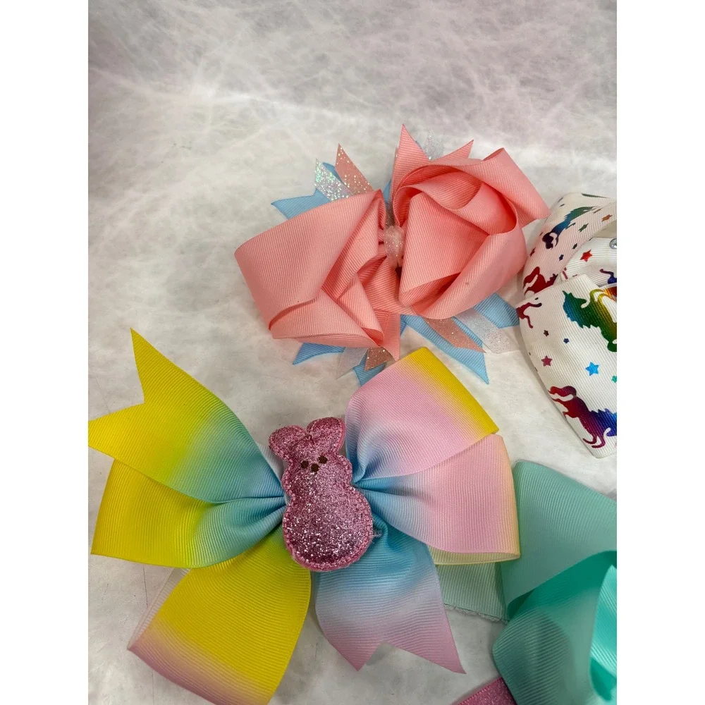 Jojo Siwa Style Large Grosgrain Hair Bow Set Unicorn Rainbow Bunny 4pc Lot